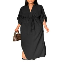 Jednobojna haljina za žene, Maksi haljina za žene, večernja haljina Na vezanje s izrezom u obliku slova 2, crna