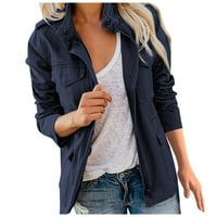 Ženska ležerna modna jakna s više džepova s patentnim zatvaračem i gumbima, jednobojna gornja odjeća u tamnoplavoj