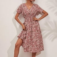 Tekuća ljetna haljina od ružičastog poliestera od spandeksa ženska ležerna haljina s cvjetnim printom izrez s
