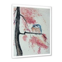 Dvije plave ptice-kraljevci koji sjede na cvjetnoj grani, uokvirena slika, umjetnički tisak na platnu