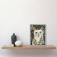 Bijela krpena mačka u vrtu akvarel narodna umjetnost uokvirena zidna umjetnost ispis A4