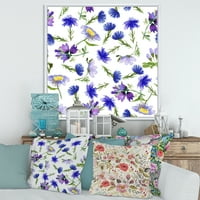 Dizajnerski uzorak plavo Poljsko cvijeće s lišćem tradicionalni uokvireni zidni otisak na platnu