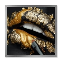 DesignArt 'ženske usne s crnom kožnom i zlatnom folijom' Moderni uokvireni umjetnički tisak