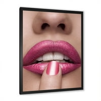 Dizajnerska umjetnost ružičaste ženske usne s prstom na ustima uokvireni moderni umjetnički tisak