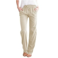 Posteljine hlače za žene, ženske ležerne pamučne platnene hlače relane elastično struk Ravna noga Udobno solidna