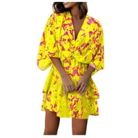 Haljina za žene, ženski v-izrez labav batwing rukav elastični struk tiskana haljina mini haljina žuta l