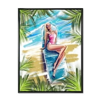 Dizajnerska umjetnost portret prekrasnog plavokosog modela koji se sunča na plaži uokvireni zidni otisak na platnu