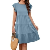 Sundresses za žene za svaki dan, Mini s okruglim dekolteom i kratkim rukavima, jednobojne plave haljine A kroja