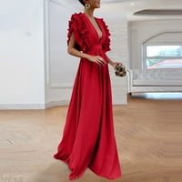Ženske maksi haljine kratkih rukava modna jednobojna ljetna haljina A kroja s izrezom u obliku slova U, crvena