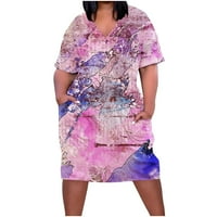Prozračne džepne Ležerne široke haljine s izrezom i printom do koljena u obliku slova U, Plus veličina, Ležerne